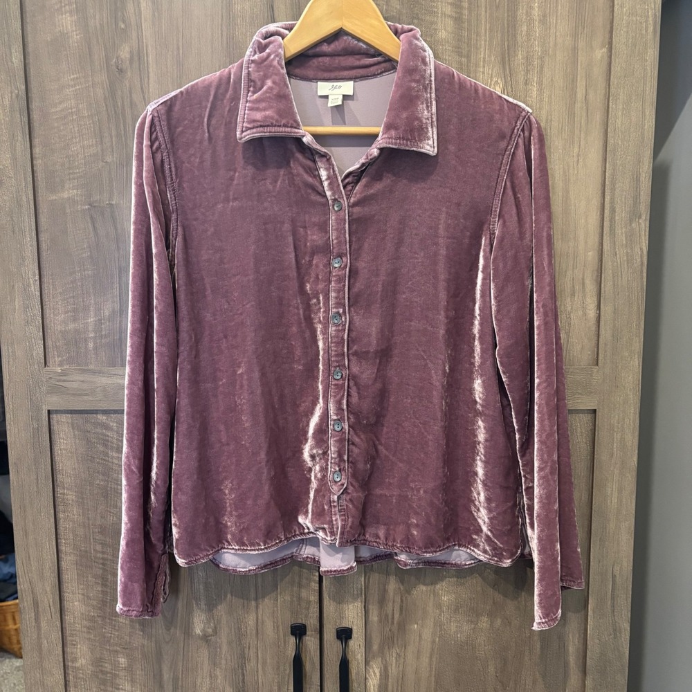 J. Jill Silk Blend Velvet Button Down Shirt Plum Purple Lace Trim XSP Petite